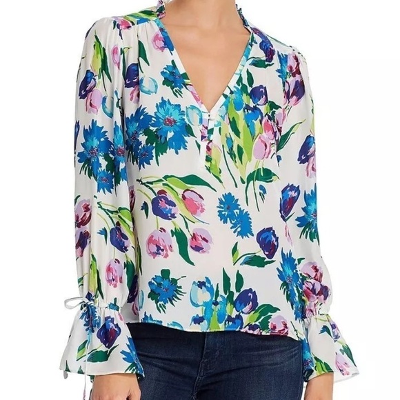 Parker Cassidy Floral-Print Ruffled-Sleeve Silk Blend Blouse In White Size XS - Picture 1 of 7